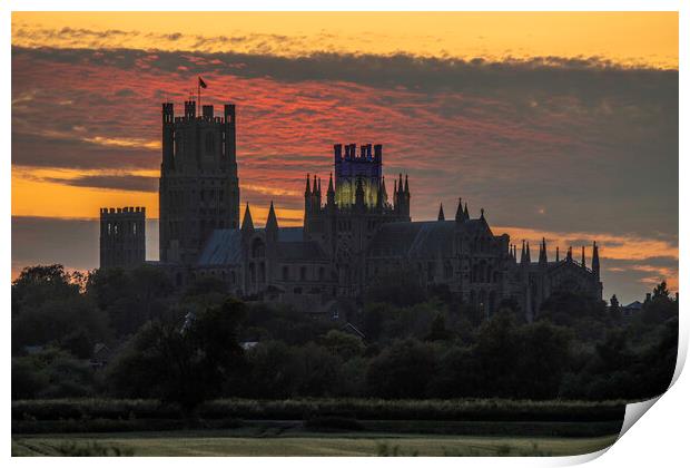 Sunset behind Ely Cathedral, Cambridgeshire, 24th June 2023 Print by Andrew Sharpe