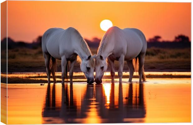 Two White Horses at Sunset Canvas Print by Massimiliano Leban