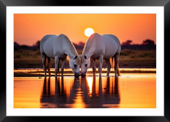 Two White Horses at Sunset Framed Mounted Print by Massimiliano Leban