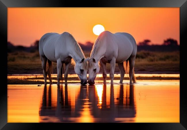 Two White Horses at Sunset Framed Print by Massimiliano Leban