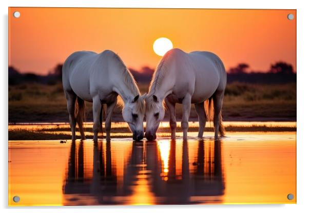Two White Horses at Sunset Acrylic by Massimiliano Leban