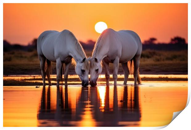 Two White Horses at Sunset Print by Massimiliano Leban