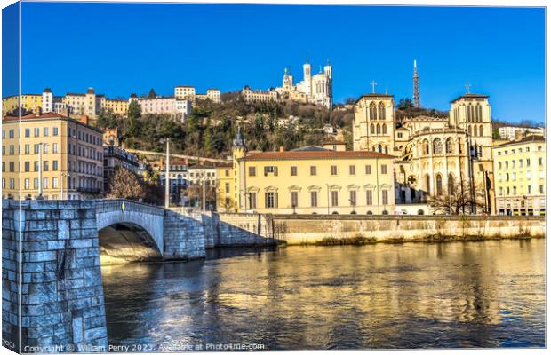 Soane River Bridge Cathedral Notre Dame Lyon France Canvas Print by William Perry