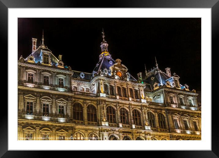 Hotel De Ville City Hall Night Street Cityscape Lyon France Framed Mounted Print by William Perry
