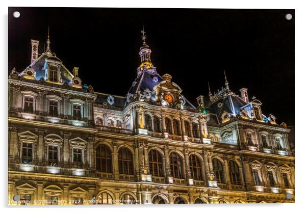 Hotel De Ville City Hall Night Street Cityscape Lyon France Acrylic by William Perry
