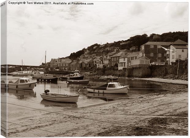 Vintage Mousehole Harbour Cornwall in Sepia Canvas Print by Terri Waters
