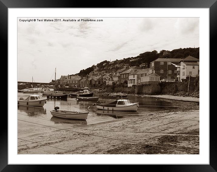 Vintage Mousehole Harbour Cornwall in Sepia Framed Mounted Print by Terri Waters