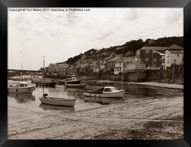 Vintage Mousehole Harbour Cornwall in Sepia Framed Print by Terri Waters