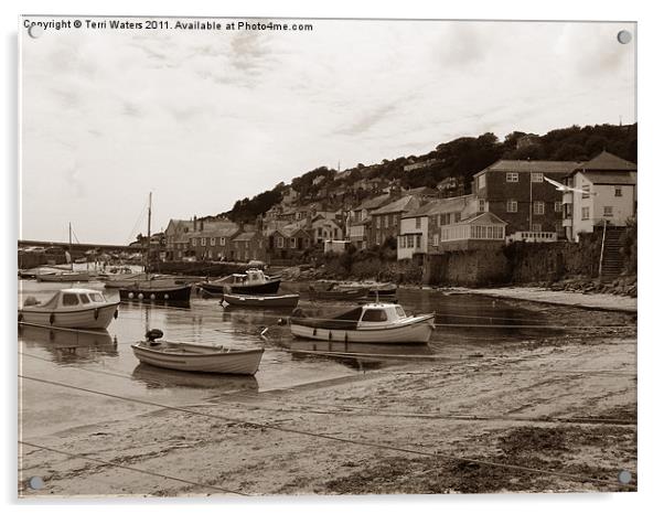 Vintage Mousehole Harbour Cornwall in Sepia Acrylic by Terri Waters