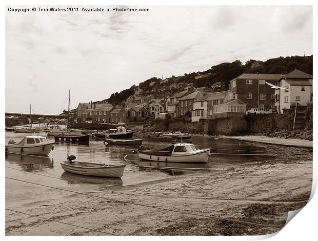 Vintage Mousehole Harbour Cornwall in Sepia Print by Terri Waters