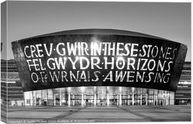 Wales Millennium Centre, in black and white, Cardiff Bay, Cardiff, Canvas Print by Justin Foulkes