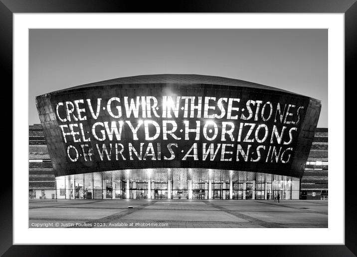 Wales Millennium Centre, in black and white, Cardiff Bay, Cardiff, Framed Mounted Print by Justin Foulkes