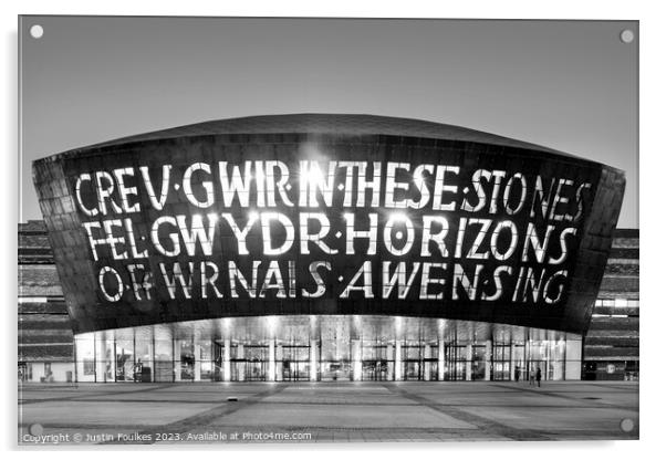 Wales Millennium Centre, in black and white, Cardiff Bay, Cardiff, Acrylic by Justin Foulkes