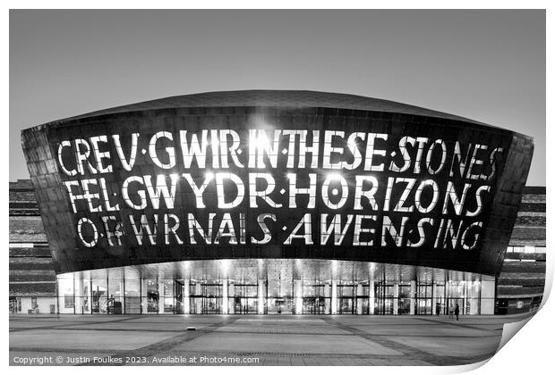 Wales Millennium Centre, in black and white, Cardiff Bay, Cardiff, Print by Justin Foulkes