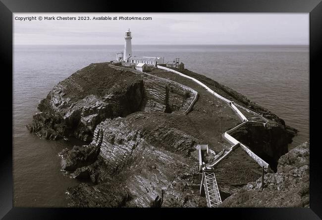 South Stack lighthouse Black and White Framed Print by Mark Chesters