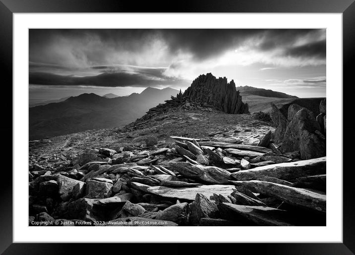 Castle of the Winds, Snowdonia, in black and white Framed Mounted Print by Justin Foulkes