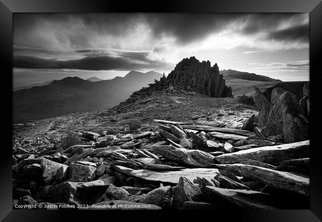 Castle of the Winds, Snowdonia, in black and white Framed Print by Justin Foulkes