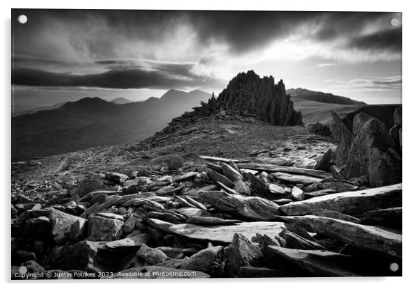 Castle of the Winds, Snowdonia, in black and white Acrylic by Justin Foulkes