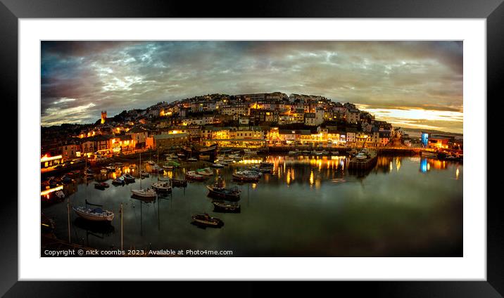 Brixham Harbour at night Framed Mounted Print by nick coombs