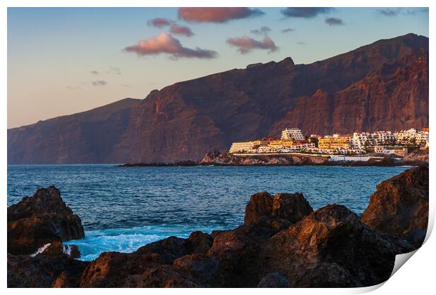 Los Gigantes Cliffs And Town At Sunset Print by Artur Bogacki