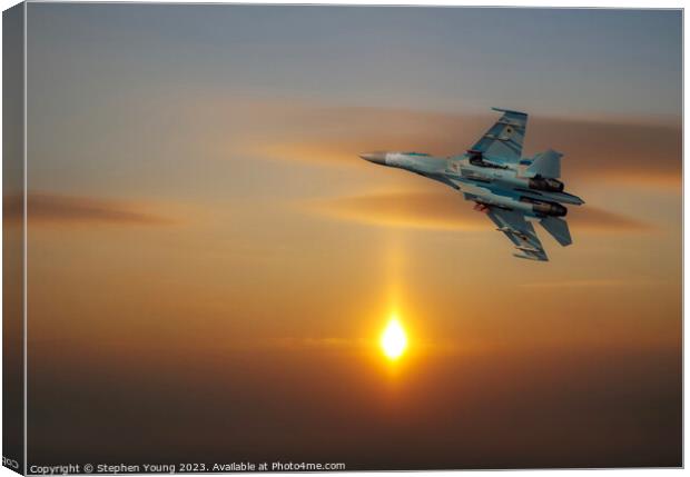 Ukrainian SU-27 Flanker into the Sunset Canvas Print by Stephen Young
