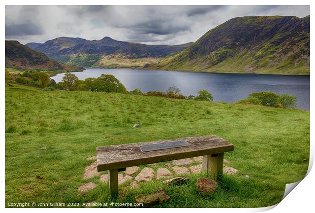 A Bench with a view over Crummock Water in the UK Lake District of Cumbria Print by John Gilham