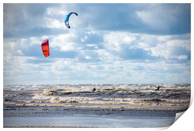 Kite Surfing on Ainsdale Beach, Southport Print by Peter Jarvis