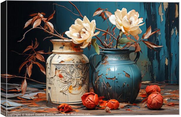Camellia Flowers In Antique Pot Canvas Print by Robert Deering