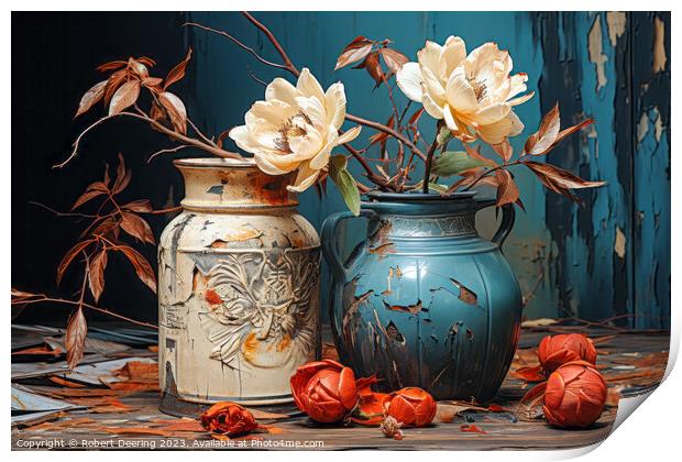 Camellia Flowers In Antique Pot Print by Robert Deering