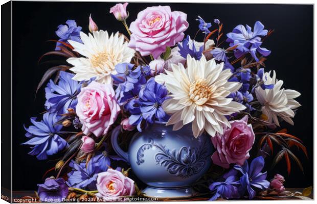 Floral Displat Of Roses, Cornflowers And Chrysanth Canvas Print by Robert Deering