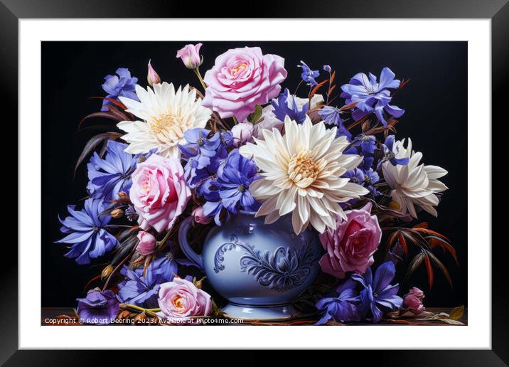 Floral Displat Of Roses, Cornflowers And Chrysanth Framed Mounted Print by Robert Deering