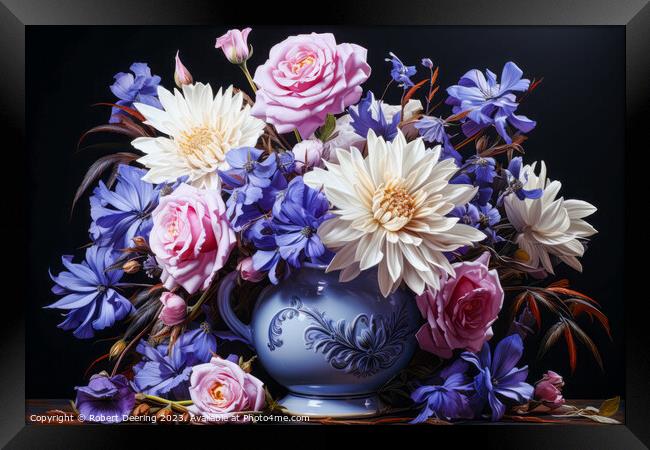 Floral Displat Of Roses, Cornflowers And Chrysanth Framed Print by Robert Deering