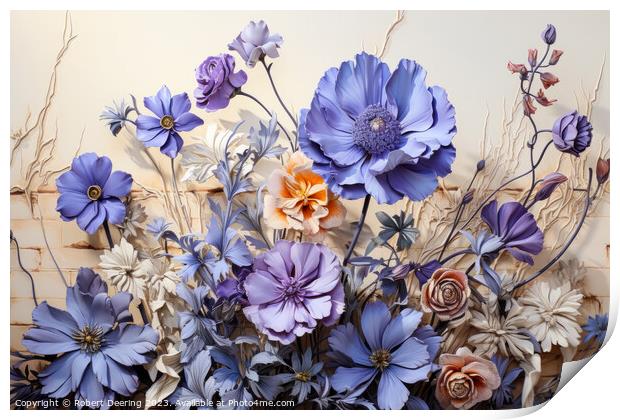 Flowers In Shades Of Blue Print by Robert Deering