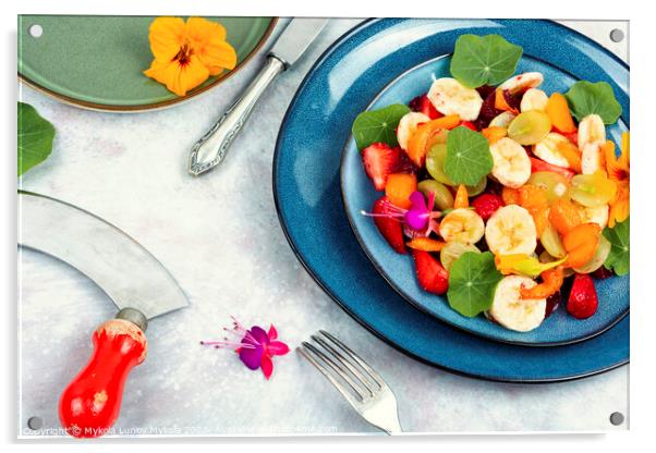Colorful fruit salad with nasturtium. Acrylic by Mykola Lunov Mykola