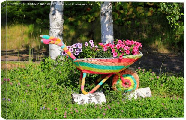 Crochet Covered Wheel Barrow With Flowers  Canvas Print by Taina Sohlman