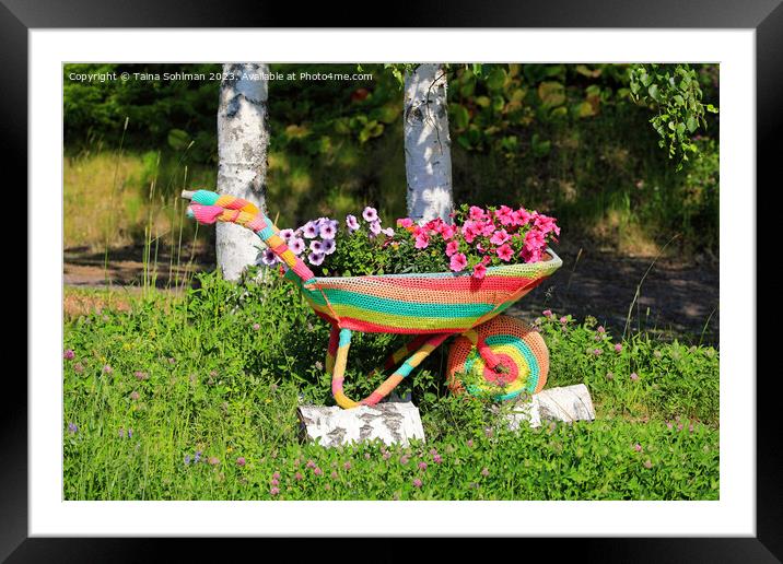 Crochet Covered Wheel Barrow With Flowers  Framed Mounted Print by Taina Sohlman