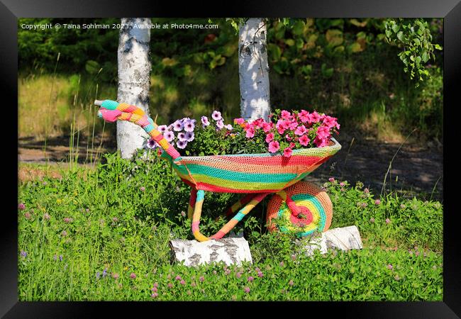 Crochet Covered Wheel Barrow With Flowers  Framed Print by Taina Sohlman