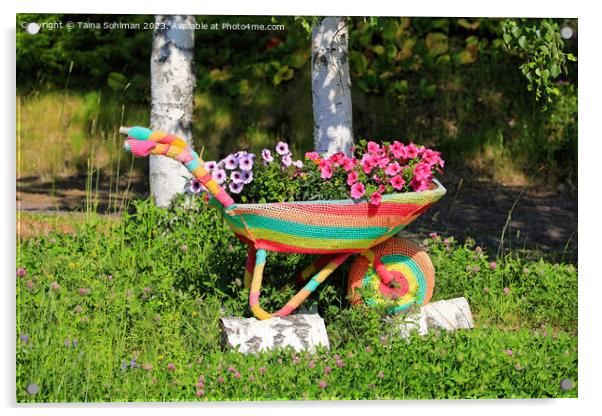 Crochet Covered Wheel Barrow With Flowers  Acrylic by Taina Sohlman