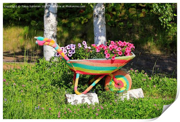 Crochet Covered Wheel Barrow With Flowers  Print by Taina Sohlman