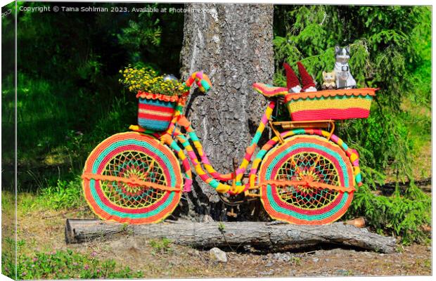 Bike Covered with Colorful Crochet and Knitwork Canvas Print by Taina Sohlman