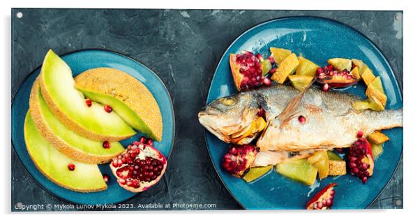 Dorado fish prepared with melon. Acrylic by Mykola Lunov Mykola