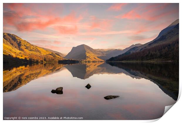 "Tranquil Reflections: Captivating Buttermere Suns Print by nick coombs