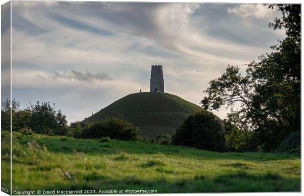 A large green field with trees in the background with Glastonbury Tor in the background Canvas Print by David Macdiarmid