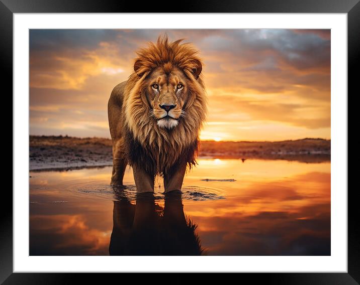 Lion At The Water Hole Framed Mounted Print by Steve Smith