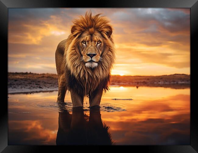 Lion At The Water Hole Framed Print by Steve Smith