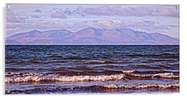Troon South beach view of Arran`s mountains. Acrylic by Allan Durward Photography