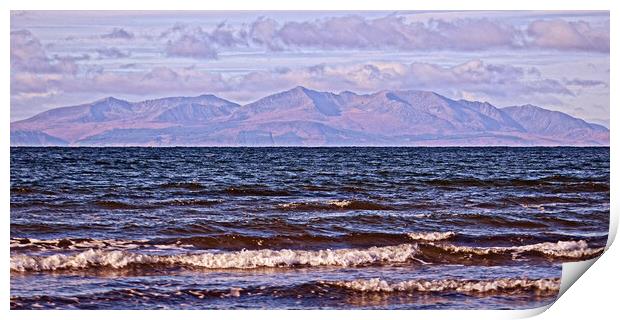 Troon South beach view of Arran`s mountains. Print by Allan Durward Photography