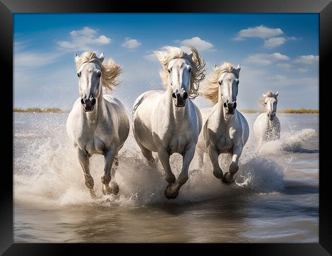 Camargue Horses Running In Water Framed Print by Steve Smith