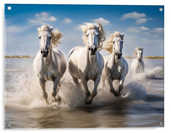 Camargue Horses Running In Water Acrylic by Steve Smith