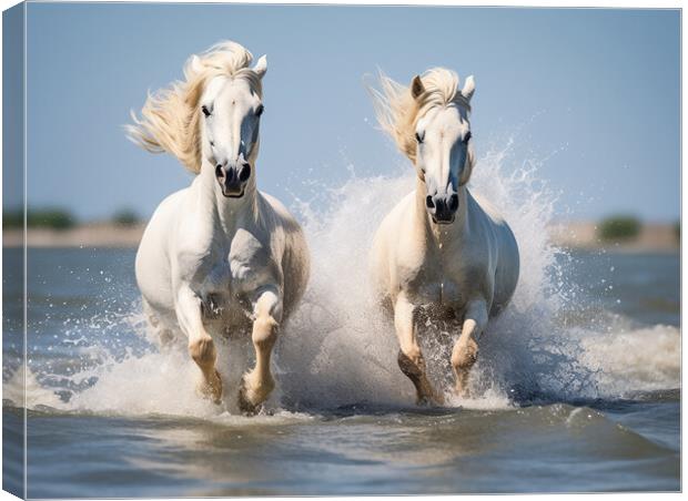Camargue Horses Running In Water Canvas Print by Steve Smith